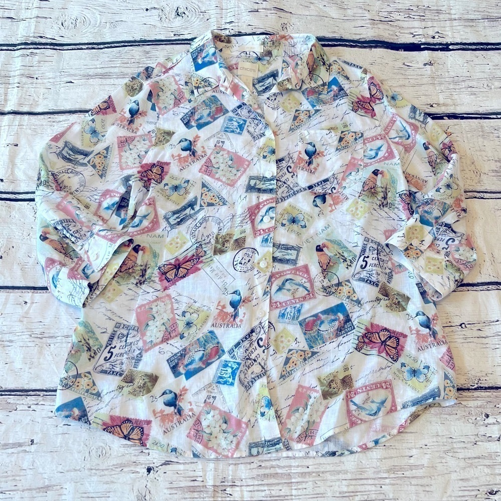 Chico's Linen Stamp Travel Printed 3/4 Sleeve Blouse Size 1(M) - Picture 6 of 9